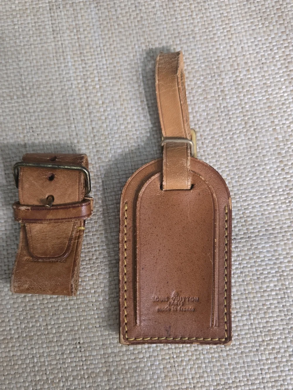 SALE! Louis Vuitton Brown Tan Leather Luggage Tag and Poignet Strap